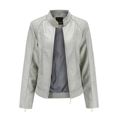 Veste en cuir femme – Coupe slim – Épaules matelassées – Col montant – Poches zippées