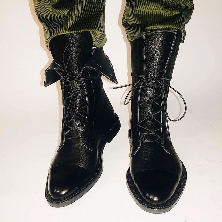 Bottes en Cuir pour Femme - Bout Pointu - Talon Bas - Lacets Ajustables - Confortables