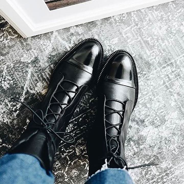 Bottes en Cuir pour Femme - Bout Pointu - Talon Bas - Lacets Ajustables - Confortables