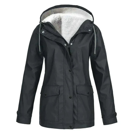 Veste imperméable femme – Coupe décontractée – Capuche doublée polaire – Mi-longue