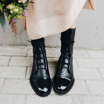 Bottes en Cuir pour Femme - Bout Pointu - Talon Bas - Lacets Ajustables - Confortables