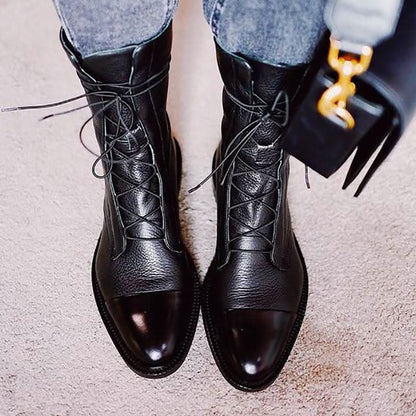 Bottes en Cuir pour Femme - Bout Pointu - Talon Bas - Lacets Ajustables - Confortables