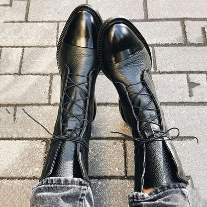 Bottes en Cuir pour Femme - Bout Pointu - Talon Bas - Lacets Ajustables - Confortables