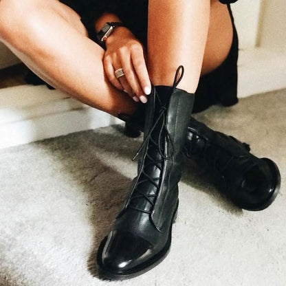 Bottes en Cuir pour Femme - Bout Pointu - Talon Bas - Lacets Ajustables - Confortables