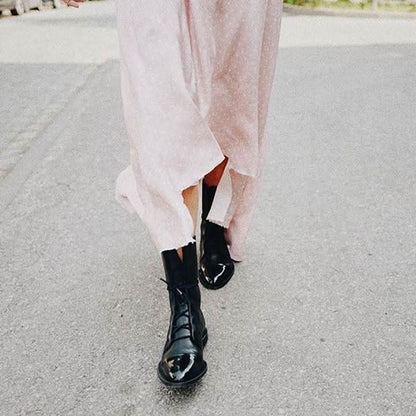 Bottes en Cuir pour Femme - Bout Pointu - Talon Bas - Lacets Ajustables - Confortables