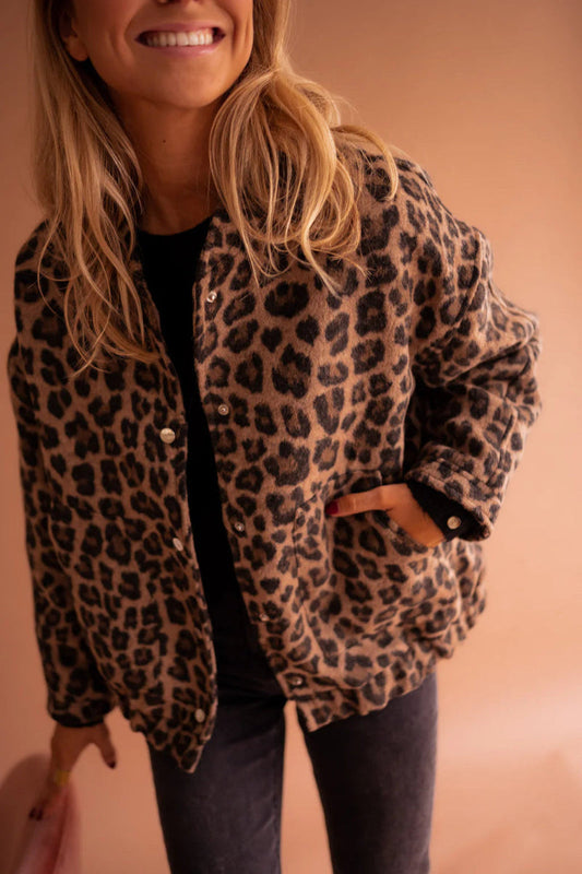 Blouson femme – Fausse fourrure – Coupe décontractée – Imprimé léopard – Boutons pression
