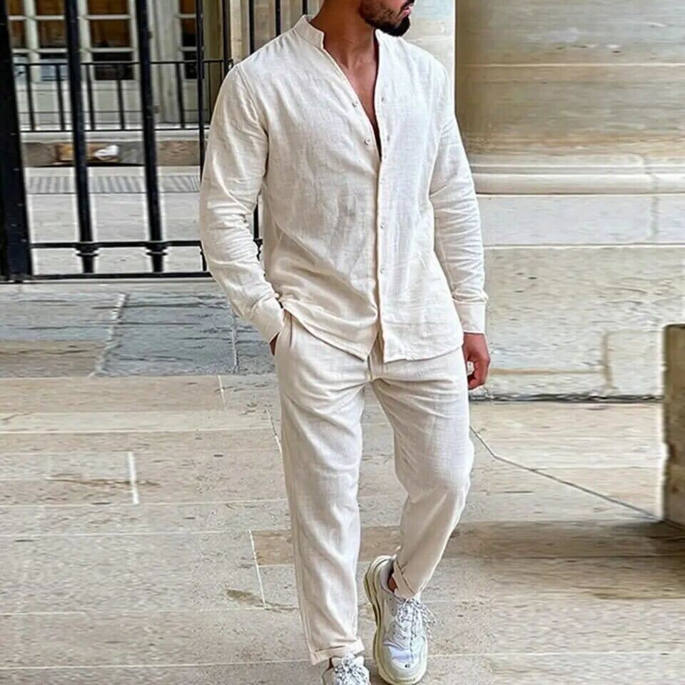 Ensemble homme en lin – coupe décontractée – chemise col mao et pantalon droit