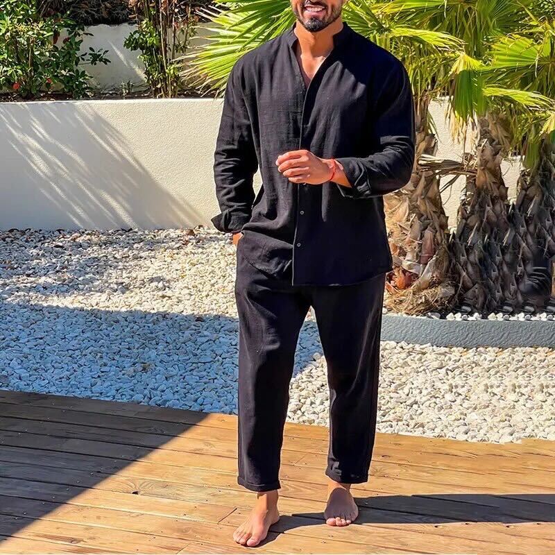 Ensemble homme en lin – coupe décontractée – chemise col mao et pantalon droit