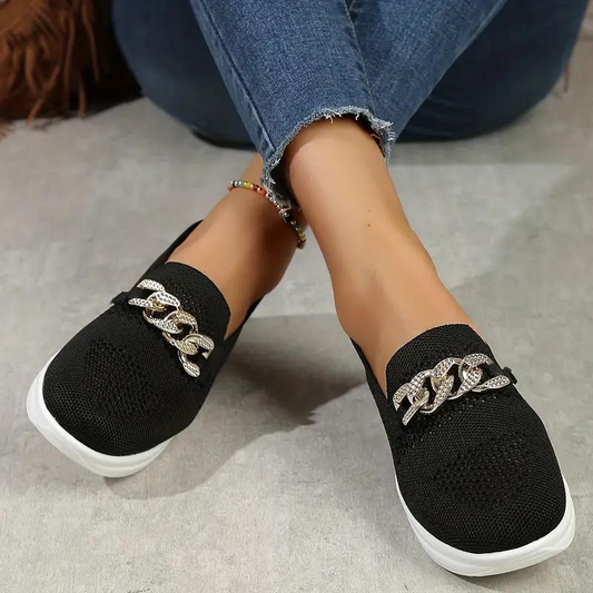 Mocassins femme – Maille douce – Chaîne décorative – Enfilage facile – Style décontracté
