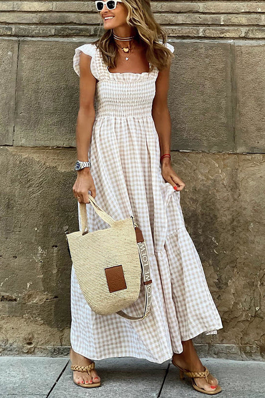 Robe Maxi Femme - Smockée - Col Carré - Manches Courtes Volantées - Motif Vichy