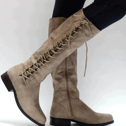 Bottes femme hauteur genou – Ajustement moulant – Laçage frontal – Semelle plate zipée