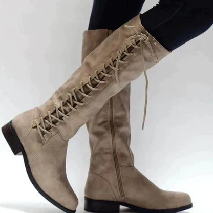 Bottes femme hauteur genou – Ajustement moulant – Laçage frontal – Semelle plate zipée