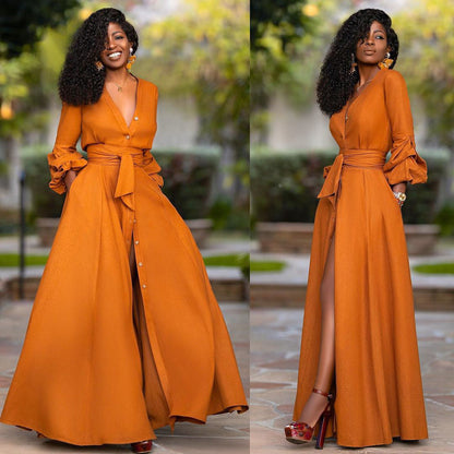 Robe Longue Femme – Boutonnée – Manches Longues à Volants – Ceinture Taille – Col V