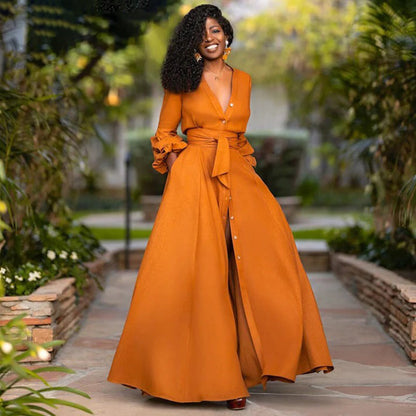 Robe Longue Femme – Boutonnée – Manches Longues à Volants – Ceinture Taille – Col V