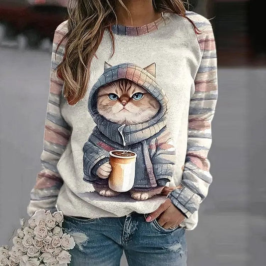 Pull femme – Coupe décontractée – Maille coton – Motif chat ludique – Manches rayées