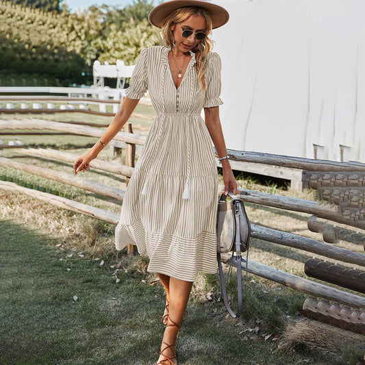 Robe Midi Femme - Col V Boutonné - Manches Bouffantes - Coupe Ample Bohème