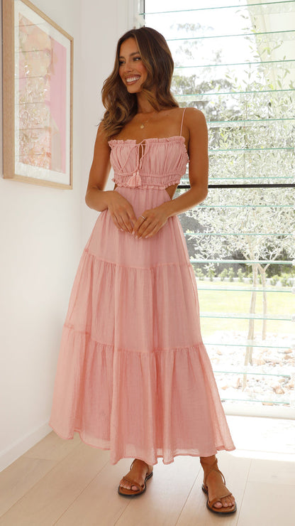 Robe Maxi Femme - Sans Manches - Bretelles Fines - Jupe Évasée - Détails Découpés