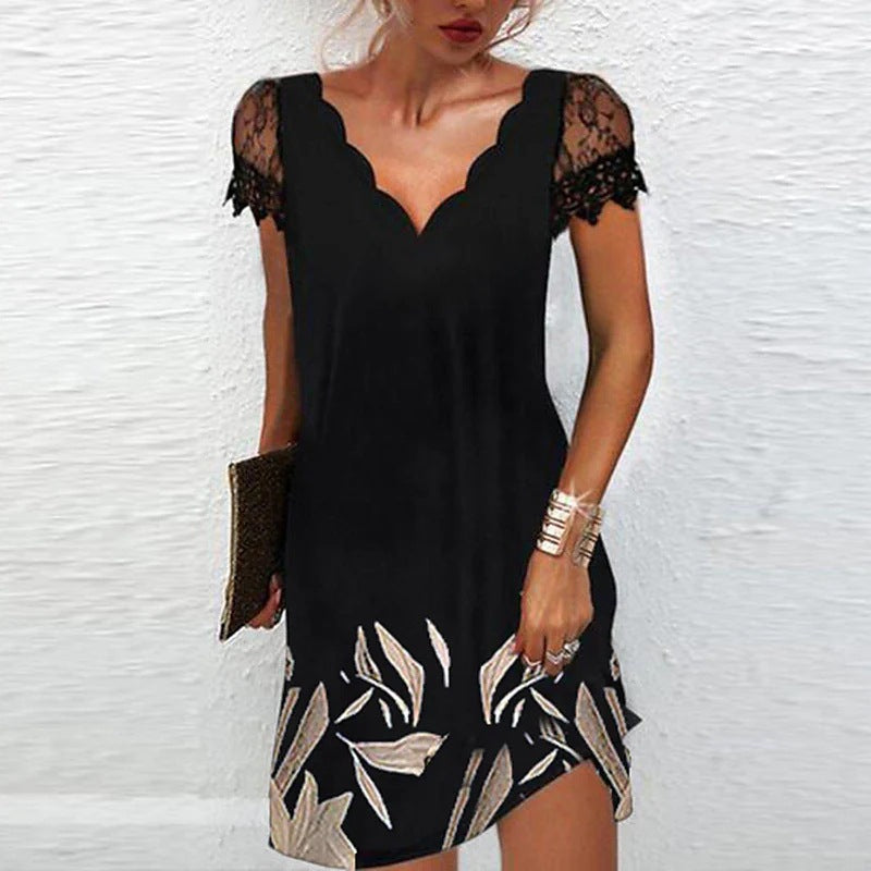 Robe midi femme – Coupe ajustée – Manches en dentelle – Col festonné élégant