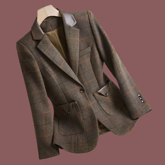 Blazer femme – Coupe ajustée – Motif à carreaux – Col à revers – Bouton unique