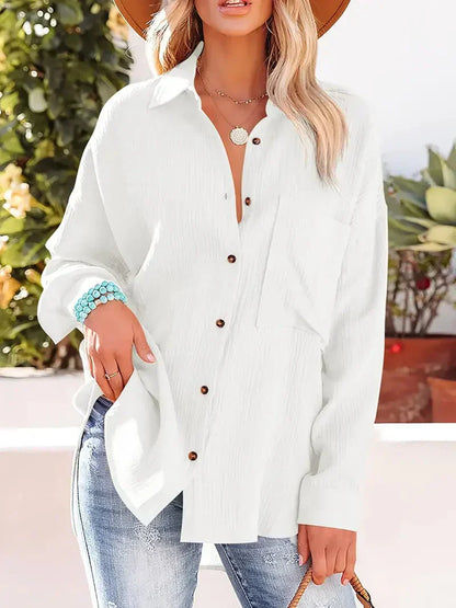 Blouse femme – Coupe décontractée – Tissu léger froissé – Manches longues retroussées