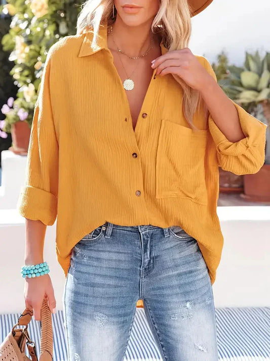 Blouse femme – Coupe décontractée – Tissu léger froissé – Manches longues retroussées