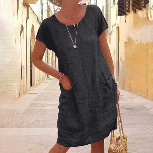 Robe Femme – Coupe Droite Décontractée – Manches Courtes – Fibres Naturelles – Poches