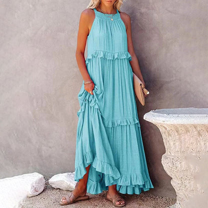Robe Longue Femme - Dos Nu - Sans Manches - Coupe Fluide - Détails Volants
