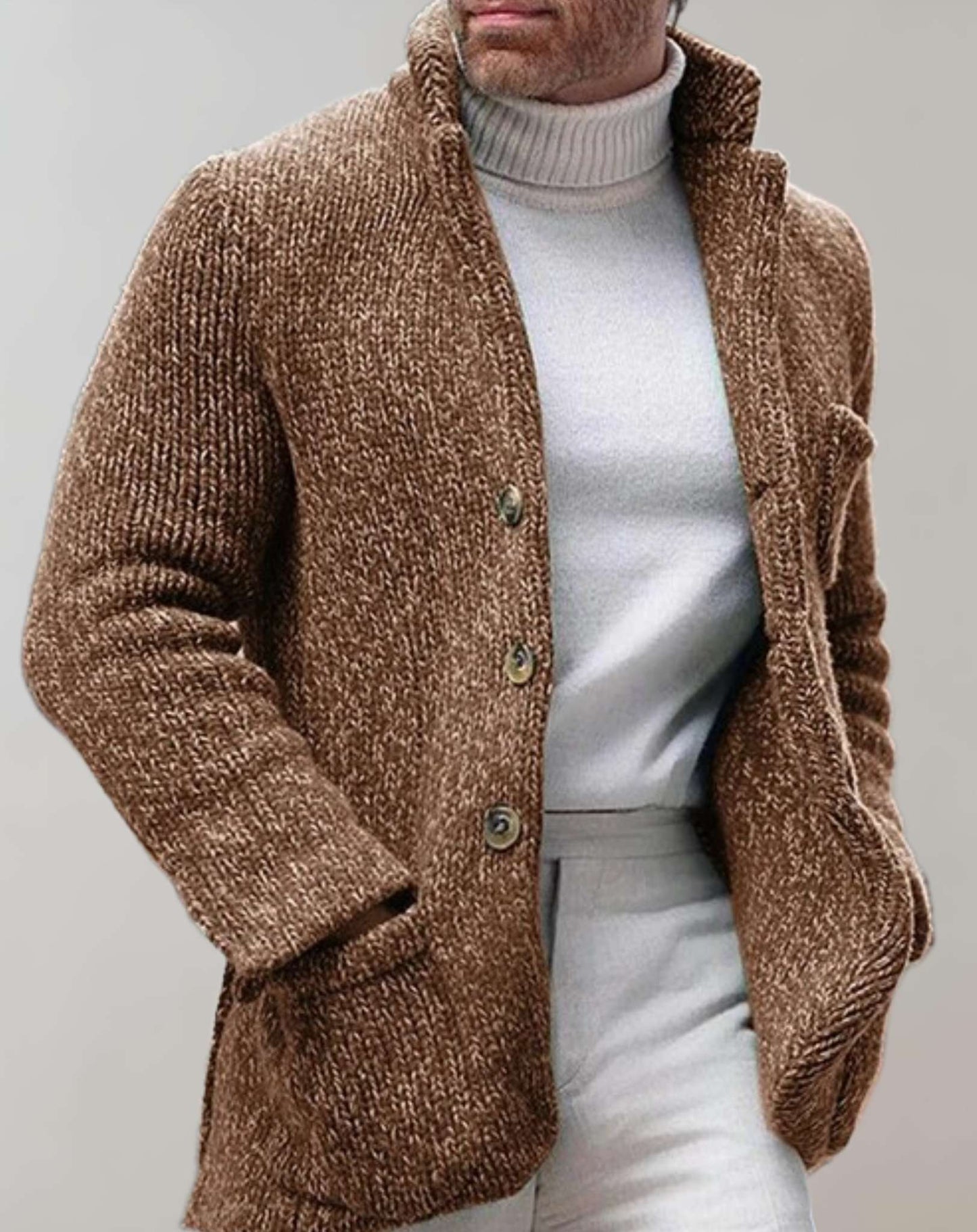 Homme Cardigan - Maille Grossière - Col Montant - Coupe Décontractée