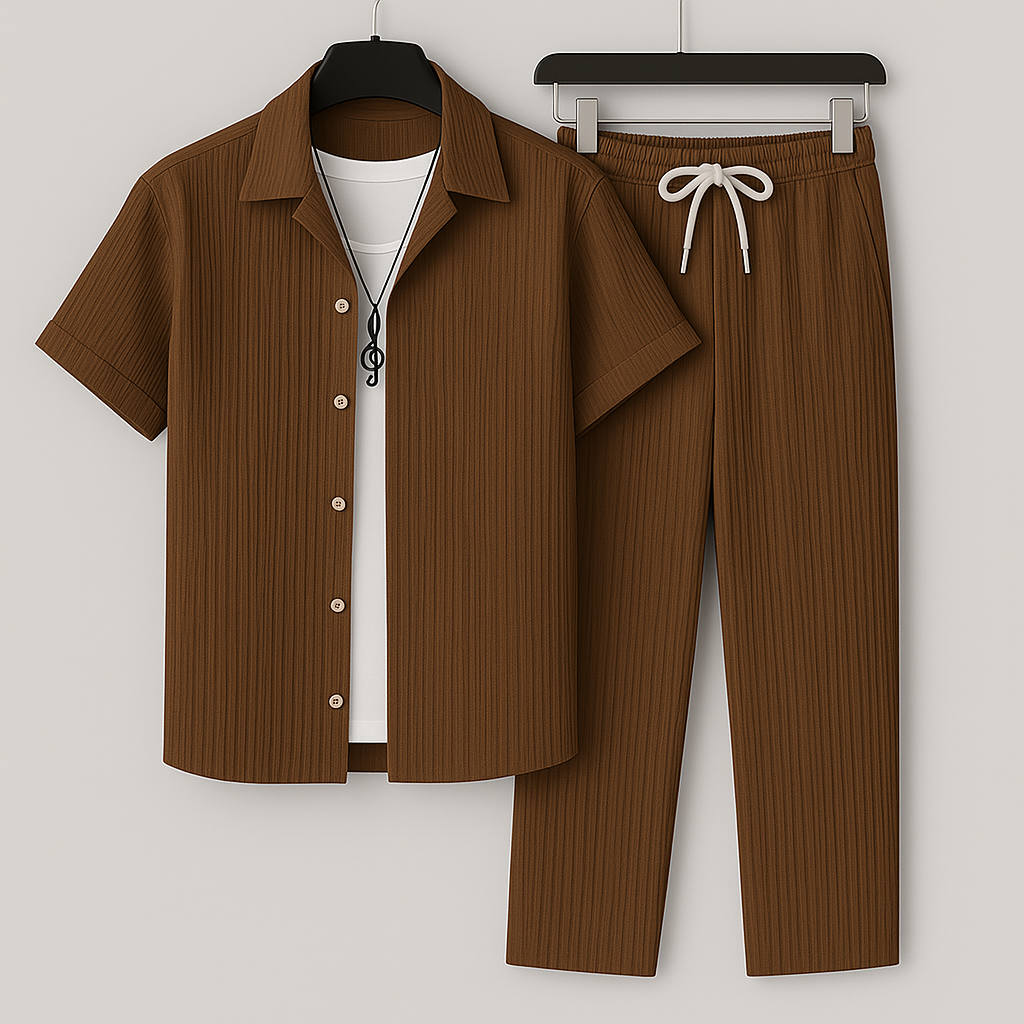 Ensemble Deux Pièces Homme – Coupe Ample – Tissu Côtelé – Chemise Boutonnée et Pantalon à Cordon