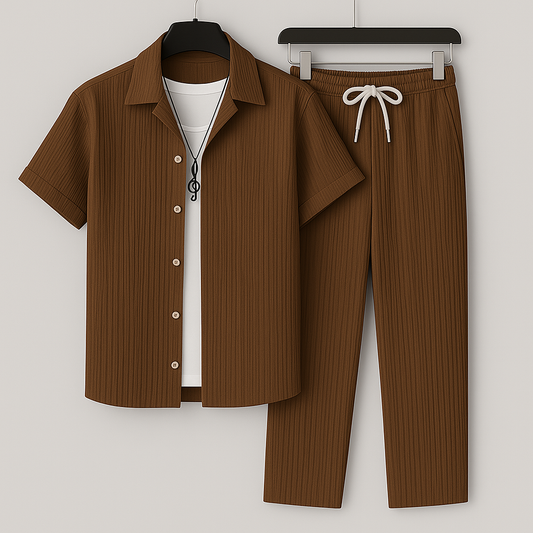 Ensemble Deux Pièces Homme – Coupe Ample – Tissu Côtelé – Chemise Boutonnée et Pantalon à Cordon