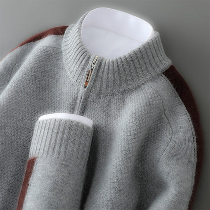 Sweat-shirt homme – Laine – Coupe classique – Demi-zip – Col et poignets côtelés