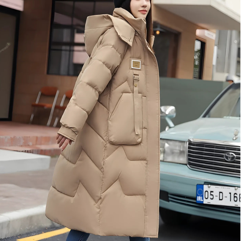 Femme Doudoune Longue - Tissu Tissé - Coupe Oversize - Col Montant À Capuche