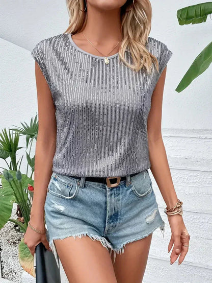 Blouse femme – Coupe décontractée – Tissu luxueux – Manches courtes – Sequins brillants