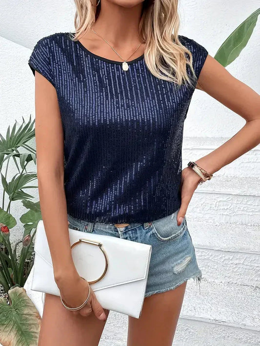 Blouse femme – Coupe décontractée – Tissu luxueux – Manches courtes – Sequins brillants