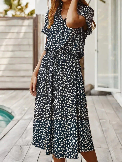 Robe midi femme – Coupe fluide – Tissu respirant – Taille ceinturée – Boutonnée