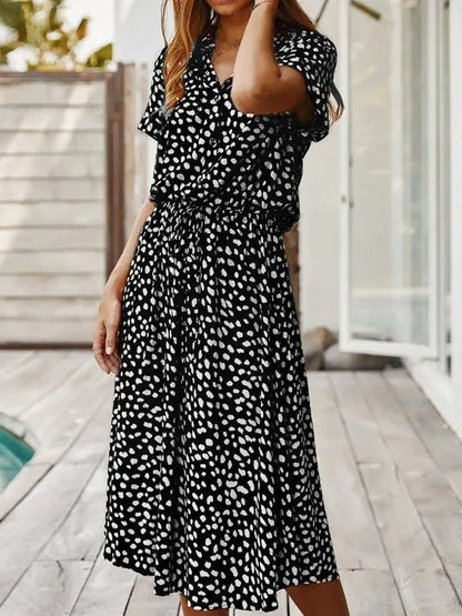 Robe midi femme – Coupe fluide – Tissu respirant – Taille ceinturée – Boutonnée