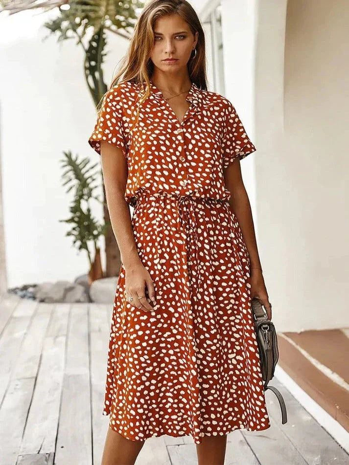Robe midi femme – Coupe fluide – Tissu respirant – Taille ceinturée – Boutonnée