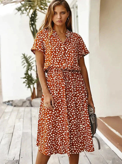 Robe midi femme – Coupe fluide – Tissu respirant – Taille ceinturée – Boutonnée