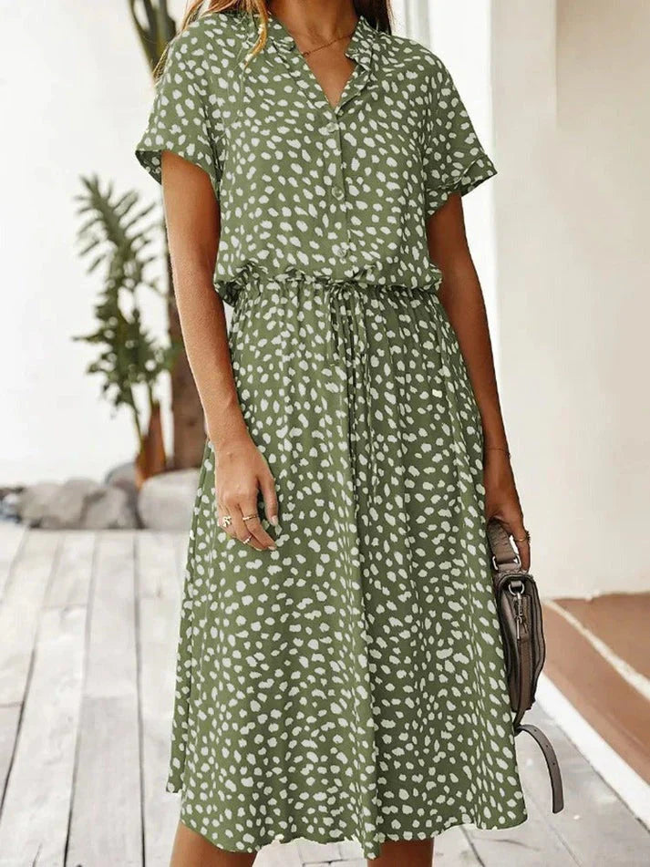Robe midi femme – Coupe fluide – Tissu respirant – Taille ceinturée – Boutonnée
