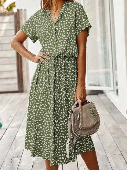 Robe midi femme – Coupe fluide – Tissu respirant – Taille ceinturée – Boutonnée