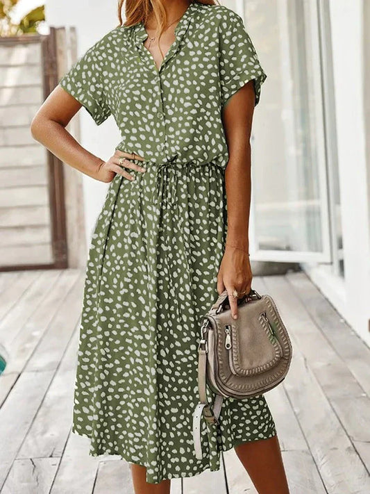 Robe midi femme – Coupe fluide – Tissu respirant – Taille ceinturée – Boutonnée