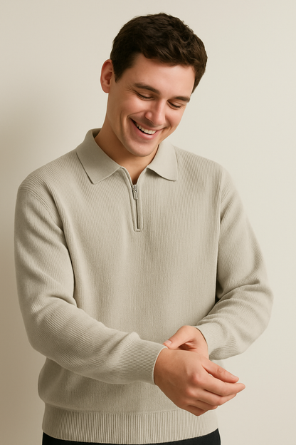 Pull homme polo – Maille douce – Coupe décontractée – Col zippé – Manches longues