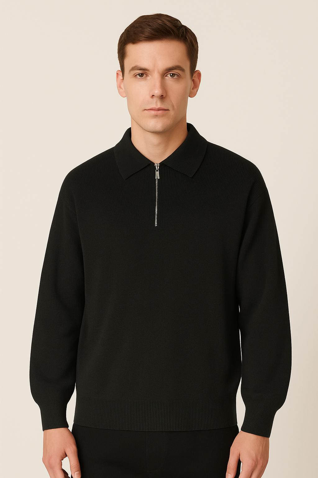 Pull homme polo – Maille douce – Coupe décontractée – Col zippé – Manches longues