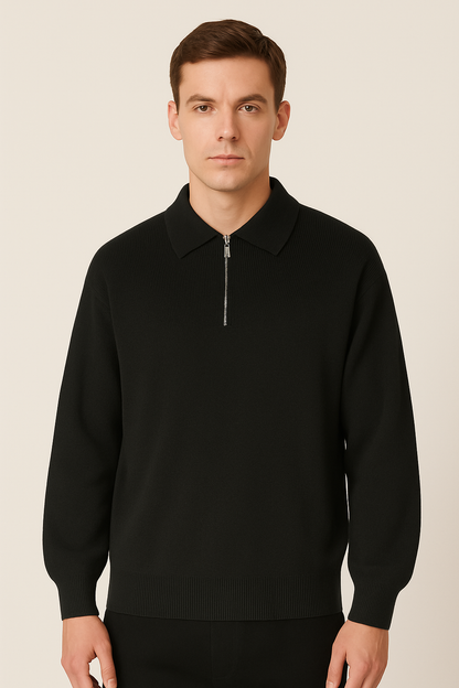 Pull homme polo – Maille douce – Coupe décontractée – Col zippé – Manches longues