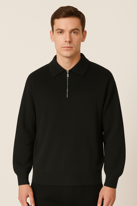 Pull homme polo – Maille douce – Coupe décontractée – Col zippé – Manches longues