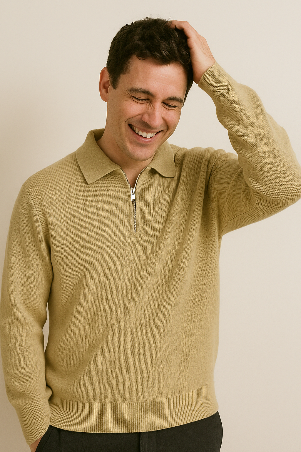 Pull homme polo – Maille douce – Coupe décontractée – Col zippé – Manches longues