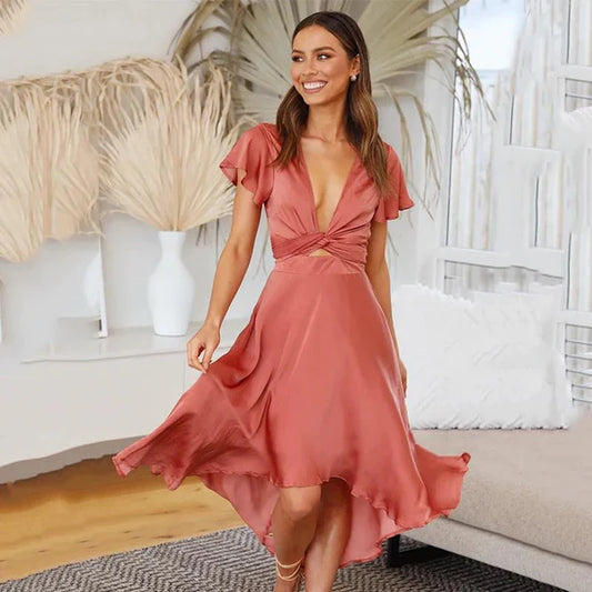 Robe Midi Femme - Coupe Évasée - Décolleté Cache-Cœur - Manches Volantes - Détail Découpe