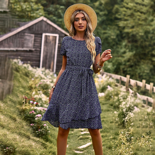 Robe Midi Femme - Imprimé Fleuri - Taille Ceinturée - Manches Courtes - Col Rond