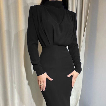 Robe Femme Élégante - Coupe Ajustée - Manches Longues - Col Haut - Style Sophistiqué