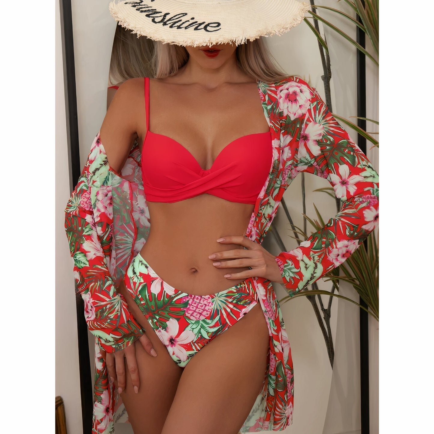Maillot de bain femme – Ensemble bikini twist – Coupe haute – Voile floral long